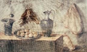Pompeian still-life fresco with eggs, jug, game birds and sausage from the Villa of Julia Felix